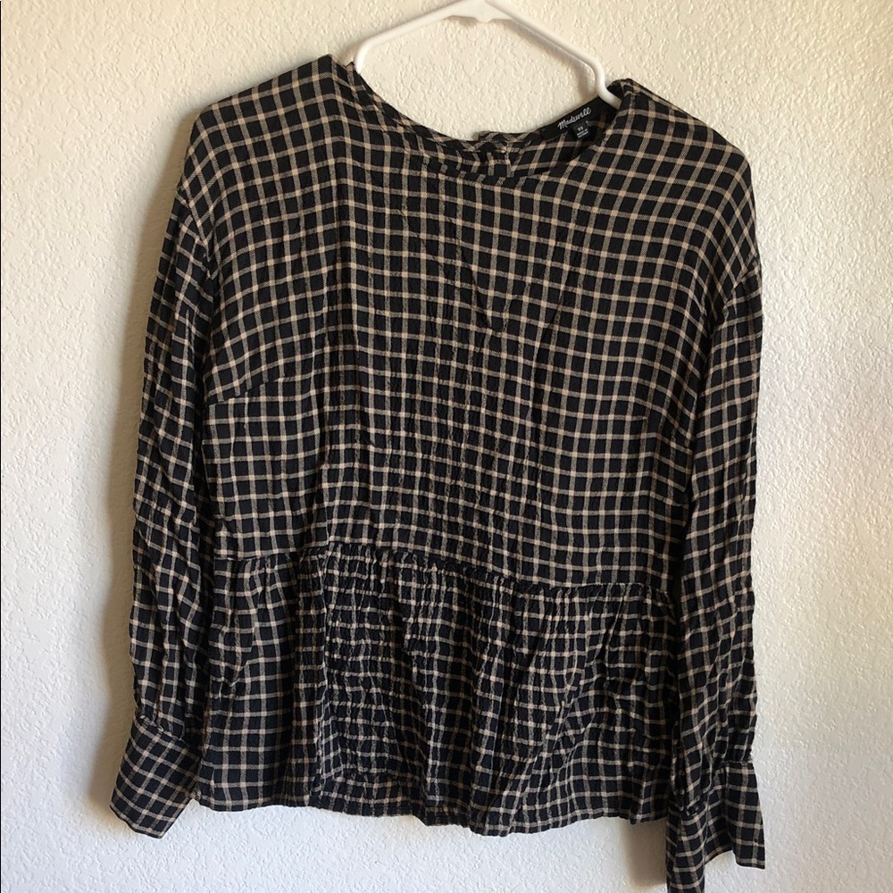 Madewell Black and Tan Checkered Blouse peplum xs